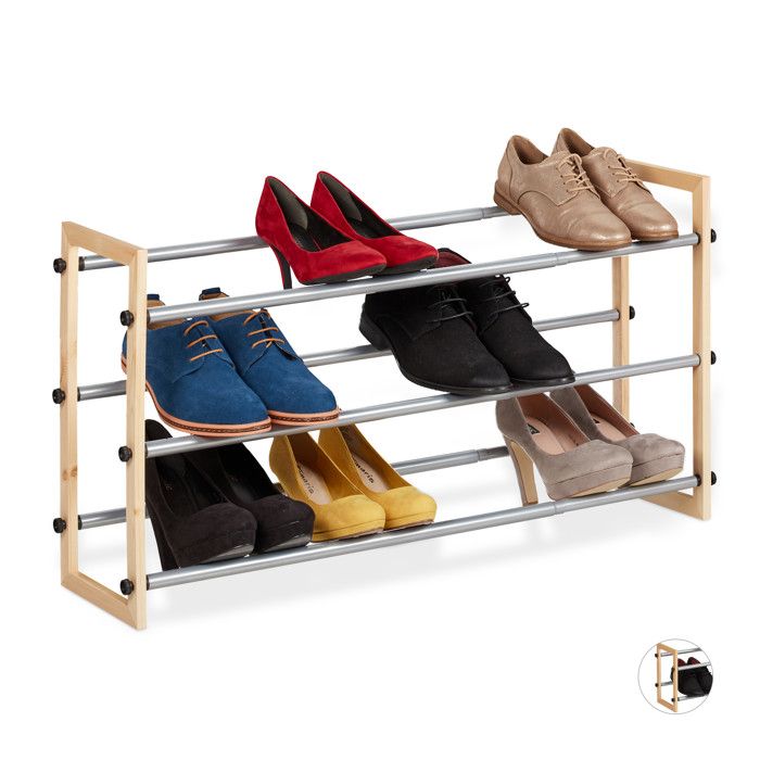 Étagère à chaussures Relaxdays extensible 3 niveaux bois et métal jusquà 118 cm coloris naturel