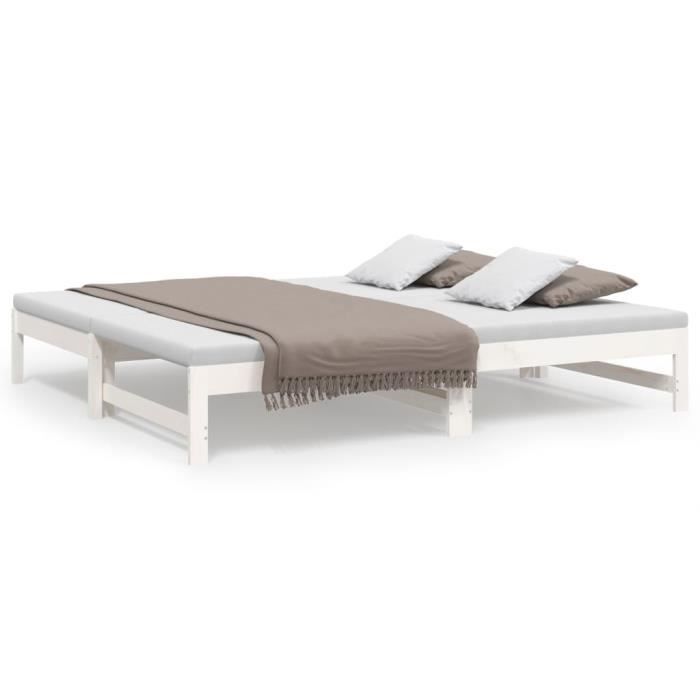 Lit de jour coulissant en bois de pin massif - SALALIS - Blanc - 2x(75x190) cm