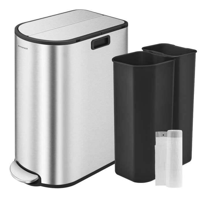 Poubelle de Cuisine Double 30L et 20L 2 Compartiments avec Pédale et Couvercles Ailes Argent Métallique