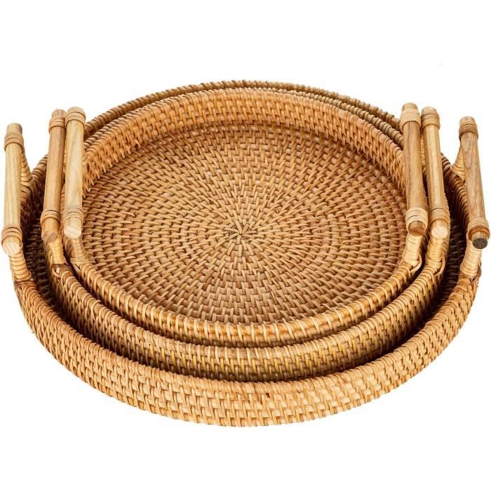 Duscdesp Lot 3 Plateaux Service Rotin Avec Poignées - Plateau Rond Osier Décoratif Table Basse