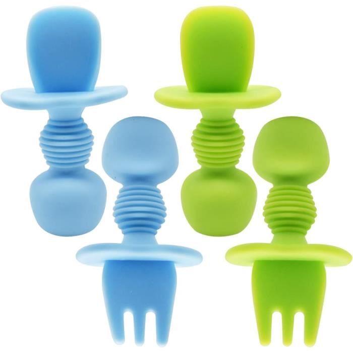 Set Cuillère Et Fourchette Bébé En Silicone - Court, Antidérapant - Sans BPA - Pour Apprentissage Autonome Dès 6 Mois - Boîte De Rangement Incluse