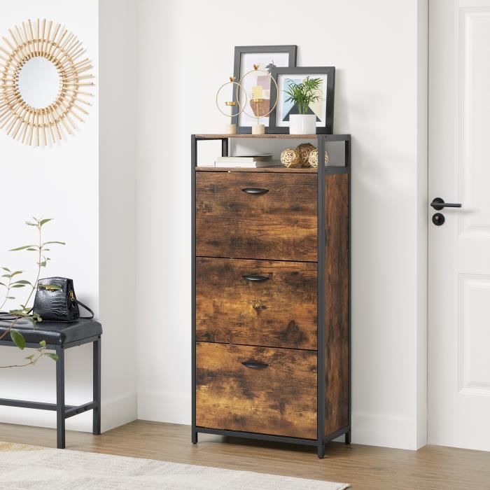 Armoire à chaussures - VASAGLE - Meuble avec 3 abattants - 18 paires -  Marron rustique et noir - Cdiscount Maison