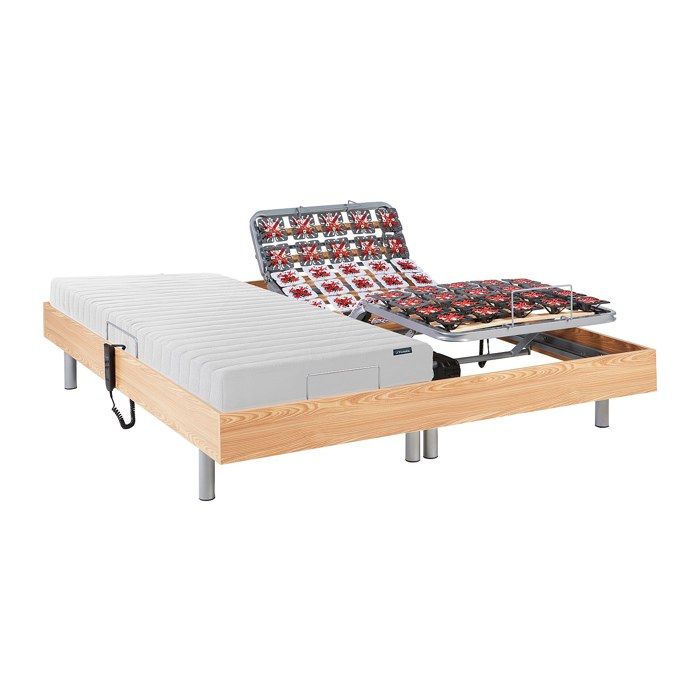 Lit électrique de relaxation tout plots + matelas accueil latex - 2 x 70 x 190 cm - Naturel clair - ETHER de YSMÉE