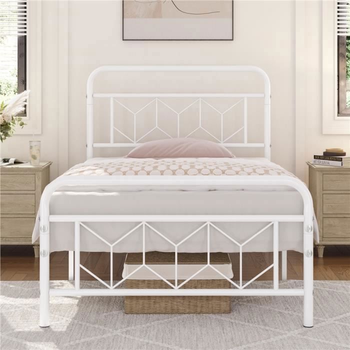 Cadre De Lit 90x190 Cm En Métal Blanc Avec Tête De Lit Décorative - Sommier à Lattes Inclus - Design Moderne Pour Chambre, Studio, Hôtel
