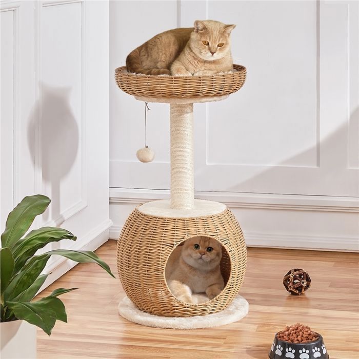 Meilleurs prix pour Arbre à Chat en Rotin YAHEETECH - Design Moderne avec Cachette et Griffoir en Sisal - 75 cm
