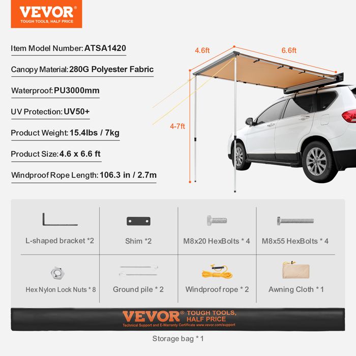Auvent Latéral Rétractable Pour Voiture JCSRYD – 160x250 Cm – Toile Oxford 650D – Imperméable PU 5000 Mm – Adaptable Sur SUV, Van Ou Camping-car