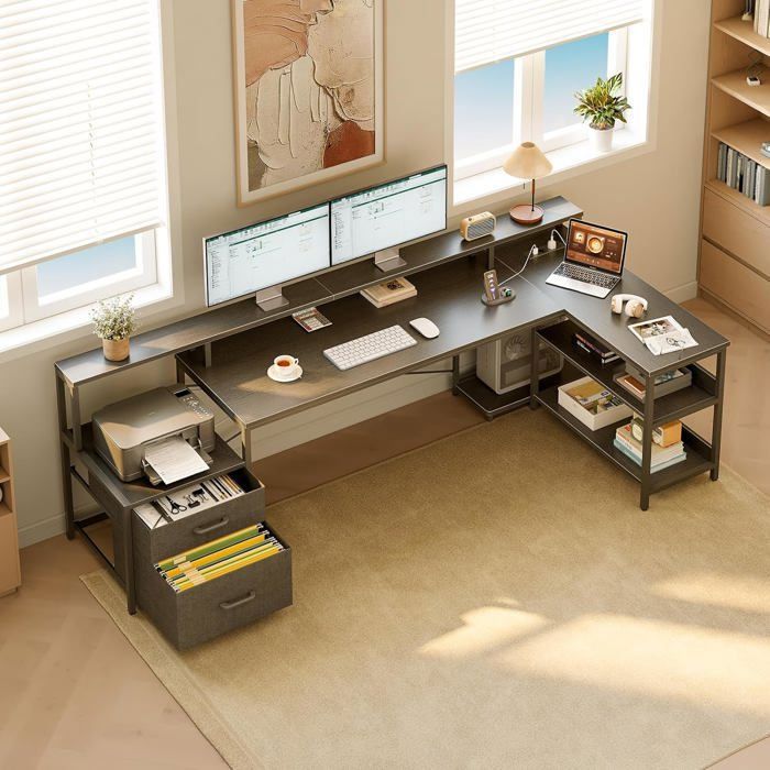 Coleshome Bureau Blanc 120x48 Cm Avec Rangement, Porte-Casque, 2 Prises Et 2 Ports USB - Idéal Maison Et Bureau