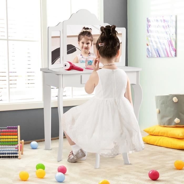 GOPLUS Coiffeuse Pour Enfant Avec Tabouret,Miroir à 3 Volets
