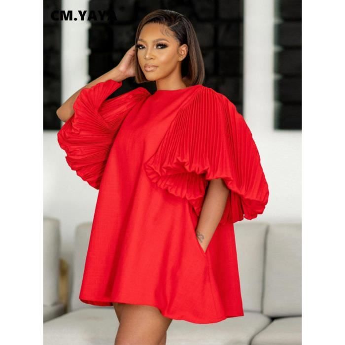 Robe CM.YAYA Robe de poupee blouse droite plissee pour femme manches demi lanterne col rond robes vintage mode Rouge E4462 Blanc Cdiscount Pret a Porter