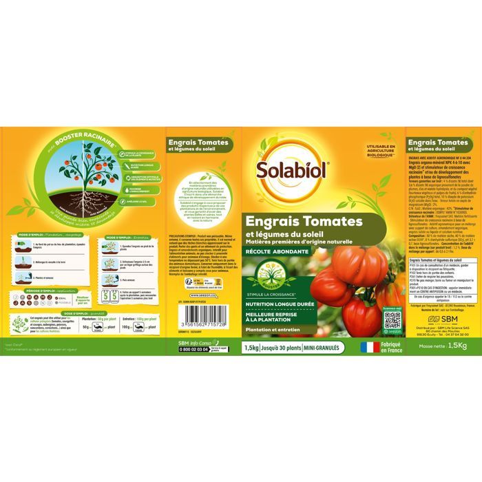 Plant fertiliser Solabiol Sotomy15 Tomato Legumes