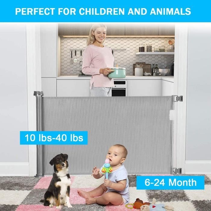 Barrière Bébé Rétractable 150 Cm - Enroulable Pour Escaliers, Portes - Sécurité Enfant Et Chien - Noir