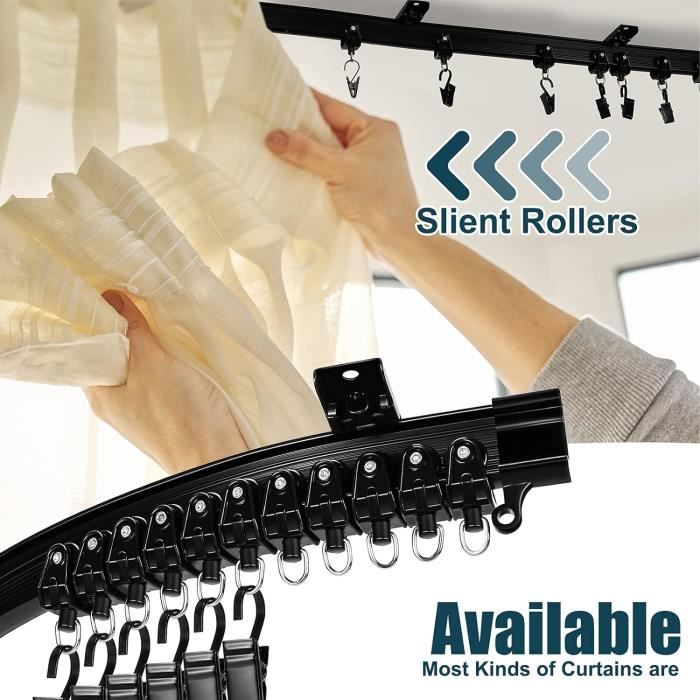 Rail Rideau Incurvé Plafond 8m - Flexible, Pliable Pour Baie Vitrée | Noir, 64 Rouleaux Inclus