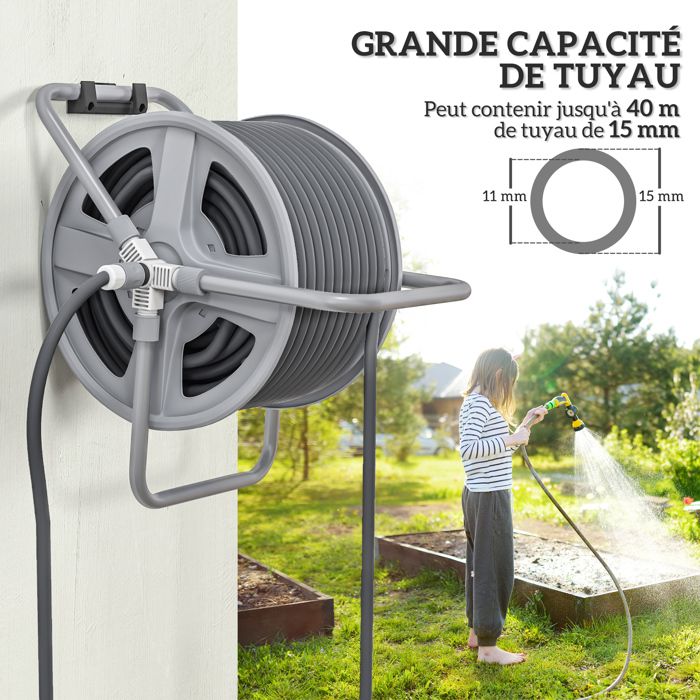 Outsunny Enrouleur Tuyau Arrosage 25+2m - Dévidoir Mural Pivotant 180° Avec 7 Jets - Gris Clair