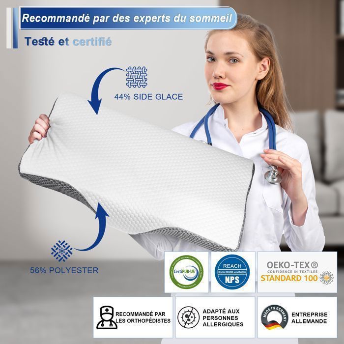 Oreiller Mémoire De Forme Cervical 2 En 1 - Hauteurs 9 Et 12 Cm - Pour Dormeur Dos, Côté, Ventre - 64x36 Cm