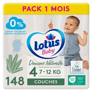 COUCHE Lotus baby - 9625 - Douceur Naturelle - Couches Taille 4 (7-12 kg) Pack 1 mois - 148 Unite,Blanc