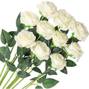 FLEUR ARTIFICIELLE 10 pcs Artificielle Rose Soie Fleurs Faux Bouquet De Mariage Décoration Maison Jardin Décoration (Blanc)