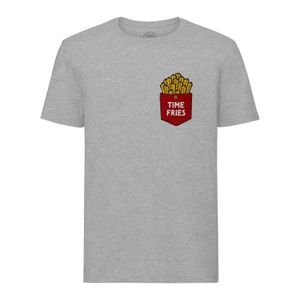 T-SHIRT T-shirt Homme Col Rond Gris Poche Time Fries Frite Fast Food Illustration Dessin