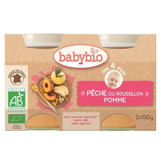 BABYBIO Petits Pots Pêche Pomme Bio - Lot De 6 X 130g - Dès 4 Mois - Sans Sucres Ajoutés