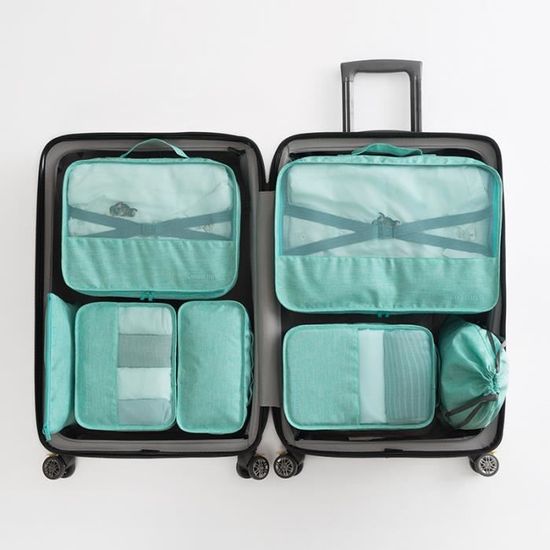 7 pcs Sac de rangement bagage voyage Organisateur valise voyage etanche  Sacoche pour vetement Voyage Ajourées Aération Bleu