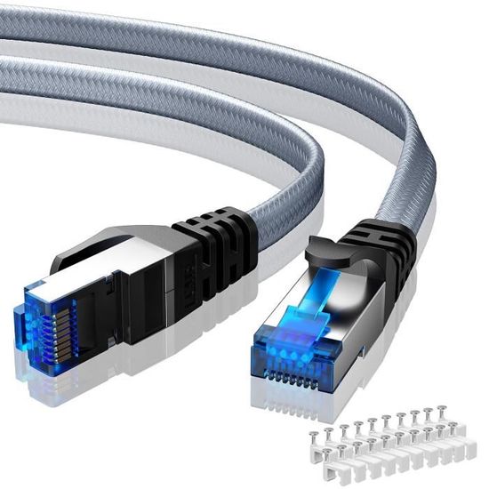 Câble Ethernet Cat 6 Plat 25m Blanc - Haut Débit Gigabit Avec 25 Clips