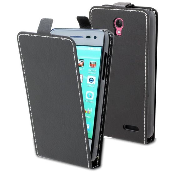 Housse De Protection Noire Pour Alcatel M'POP - Cuir écologique - Fixation Aimantée - Anti-choc
