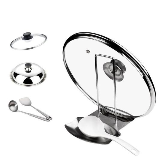 Support 2 Niveaux Pour Couvercle De Casserole – Range Couvercle, Cuillère, Spatule – ABS Et Inox – Design Antidérapant – Bac Récupérateur