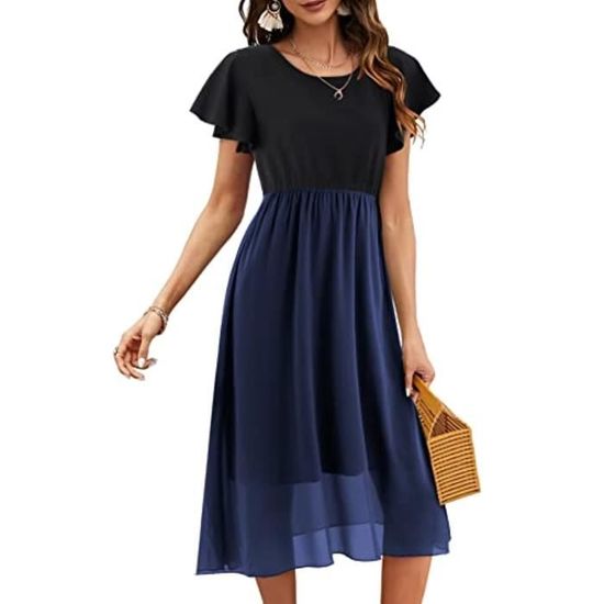 Robe en mousseline de soie à volants s ALine à manches courtes Noir