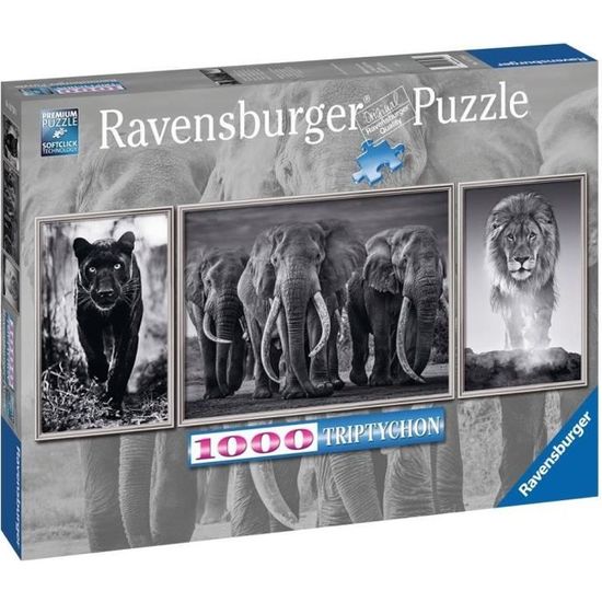 Puzzle 1000 pièces - Triptyque Panthère, Éléphant, Lion - Ravensburger - Puzzle Adultes