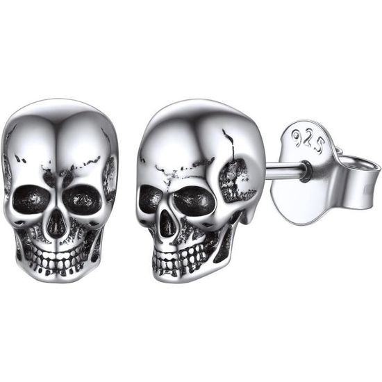 Boucles D'oreilles Tête De Mort En Onyx Et Argent 925 - Style Gothique - Fait Main En Inde - 30mm