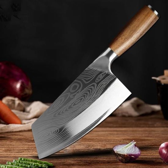 Couteau Hachoir De Cuisine Fait Main En Acier Damas, Bois