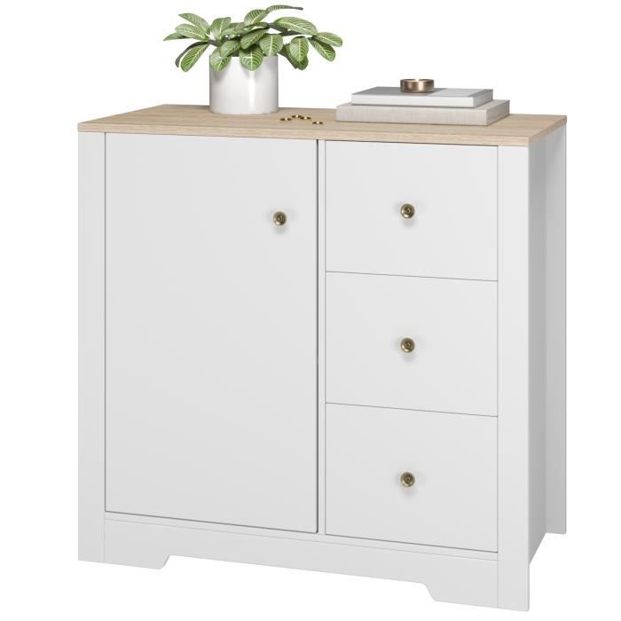Buffet Commode Meuble Moderne de Rangement avec 3 tiroirs et 1 Porte Blanc