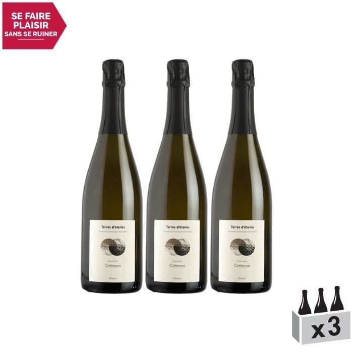 Alsace Crémant Extra Brut Blanc - Lot de 3x75cl - Terres d'étoiles - Vin AOC Blanc d' Alsace - Cépages Pinot Auxerrois, Chardonnay,
