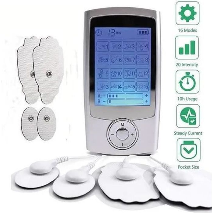 Électrostimulateur Tens Rechargeable Antidouleur Stimulateur Musculaire avec 16 Modes, 4 Électrodes pour Massage Tension Musculaire