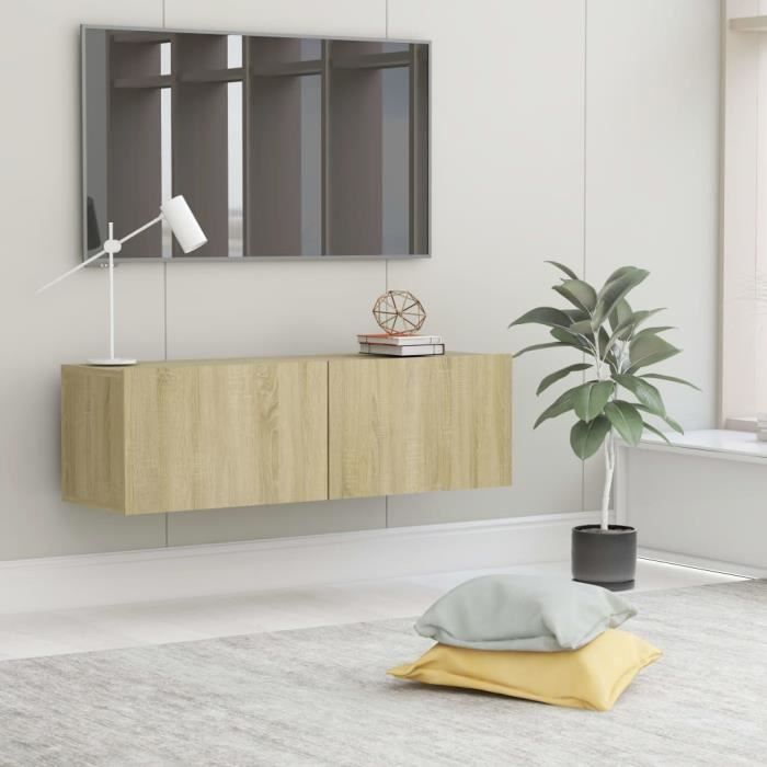 Meuble TV Mural Design Tendance Style Naturel - Avec 2 Portes Abattantes - Chêne sonoma Aggloméré - 100x30x30 cm