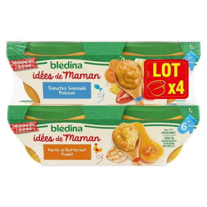 BLEDINA Idées de Maman Bols Tomates Semoule Poisson/Purée de Butternut Poulet - 4x200 g