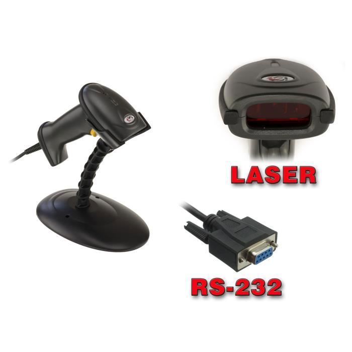 Douchette Lecteur de Codes Barres XL6200A - Laser, Mains Libres, Connexion Serie RS232 DB9. Vendue avec portique et alimentation..