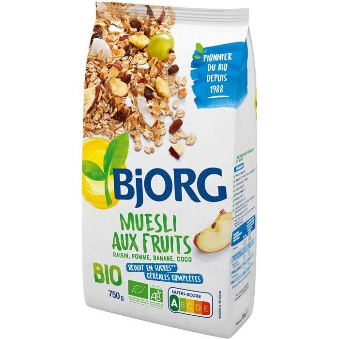 Muesli - Bio Fruits Raisin Pomme Banane Coco Aux Céréales Complètes Sachet 750