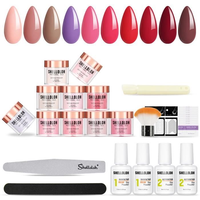 Shelloloh Dipping Powder Nails Kit 10pcs Poudre Acrylique Base Coat Top Coat Activator Décoration Professionnel Stickers Accessoire