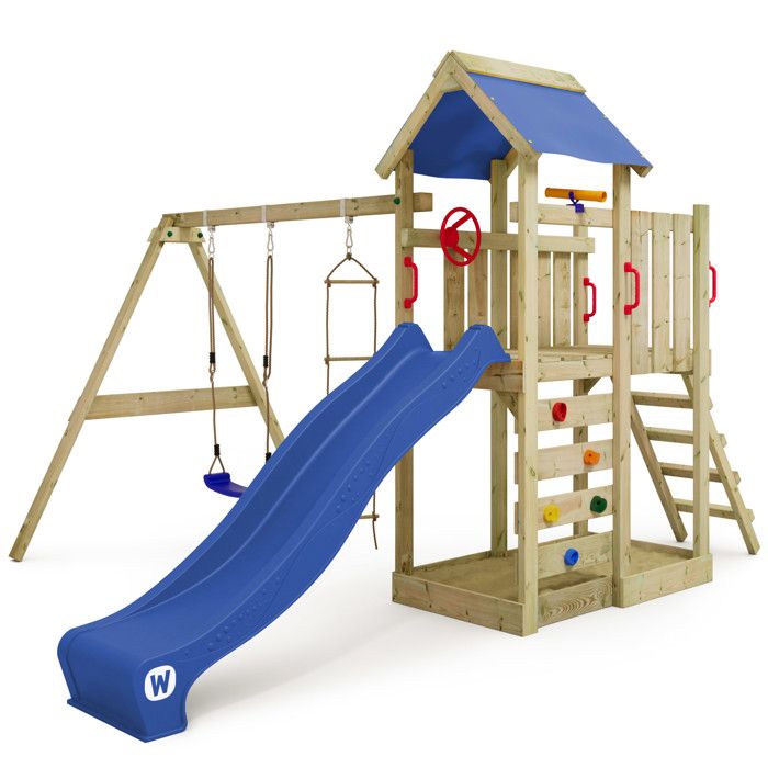 WICKEY Aire de jeux Portique bois MultiFlyer avec balançoire et toboggan bleu Maison enfant extérieure avec bac à sable