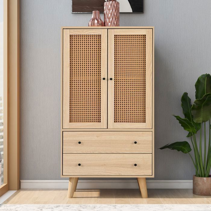 Buffet Haut avec 2 Portes et 2 Tiroirs Meuble De Rangement Salon Chambre Style Rotin Couleur Bois Chêne 120 x 60 x 40 cm Buffet Haut avec 2 Portes et 2 Tiroirs Meuble De Rangement Salon Chambre Style Rotin Couleur Bois Chêne 120 x 60 x 40 cm