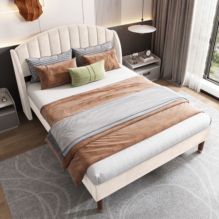 Lit adulte rembourré - SEA WALL - 140x190 cm - Velours beige - Sommier à lattes - Tête de lit haute