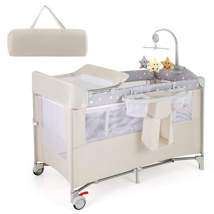Lit Parapluie Pliable 6 En 1 GOPLUS - Avec Table à Langer, Couffin, Jouets, Boîte à Musique - Pour Bébé 0-36 Mois - Capacité 15 Kg - 9