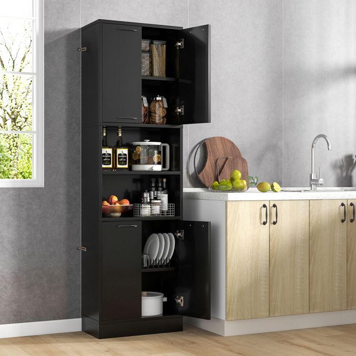 GIANTEX Buffet de Cuisine H190 cm à 6 Etages- 2 Placards avec 4 Portes+2 Compartiments- Meuble Rangement pour Salle de Bain- Noir