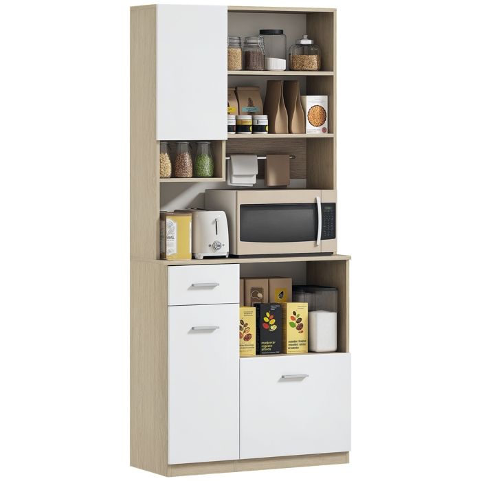 Buffet haut cuisine - HOMCOM - meuble de rangement moderne - blanc et aspect bois Buffet haut cuisine - HOMCOM - meuble de rangement moderne - blanc et aspect bois