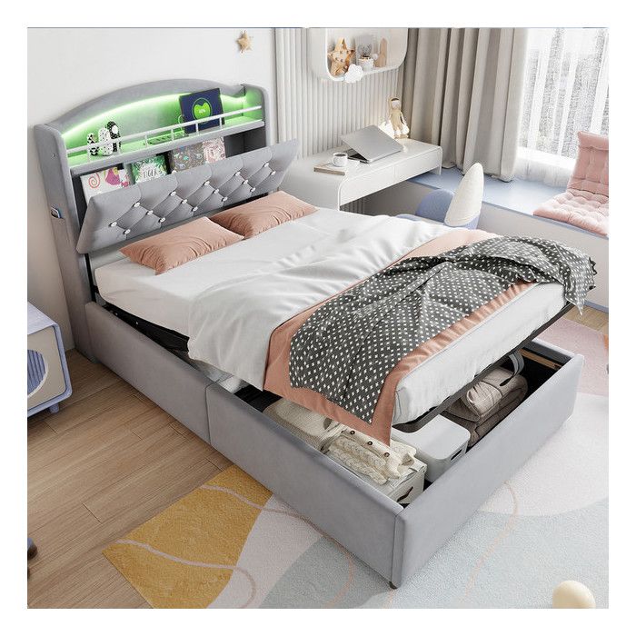 Lit 1 Personne enfant 90x200 cm avec LED et USB Cadre de lit simple avec tete de lit en rembourré Lit coffre Velours Gris