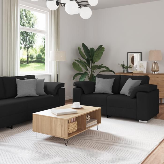 Ensemble de canapé 3 pièces avec coussins en tissu noir