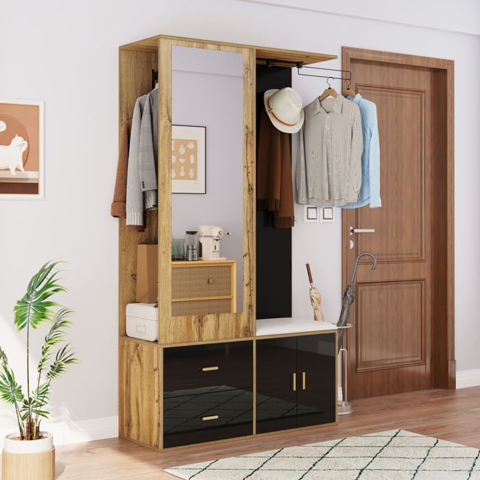 Meuble entree avec banc à chaussures et penderie Meuble a chaussures avec miroir Vestiaire dentrée en noir 100x38x180 cm