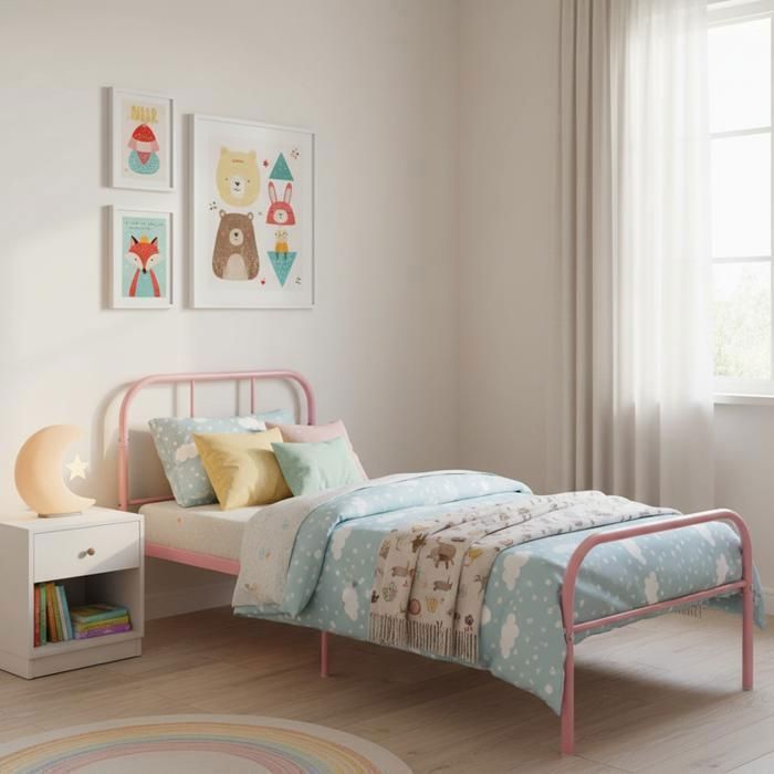 Lit simple - FURNITURER - 90x190 - Rose - Structure robuste - Design moderne Lit simple - FURNITURER - 90x190 - Rose - Structure robuste - Design moderne