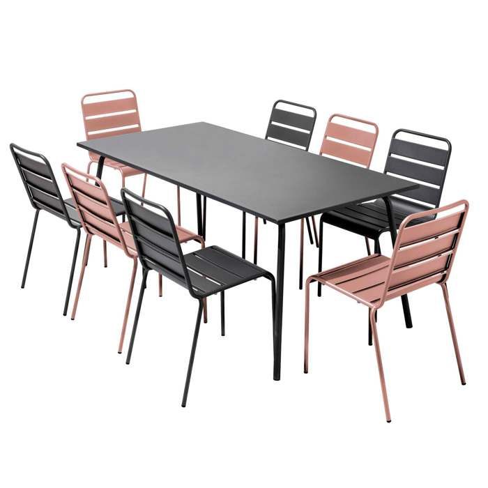 Ensemble table de jardin et 8 chaises en métal gris et rose poudré Palavas Oviala