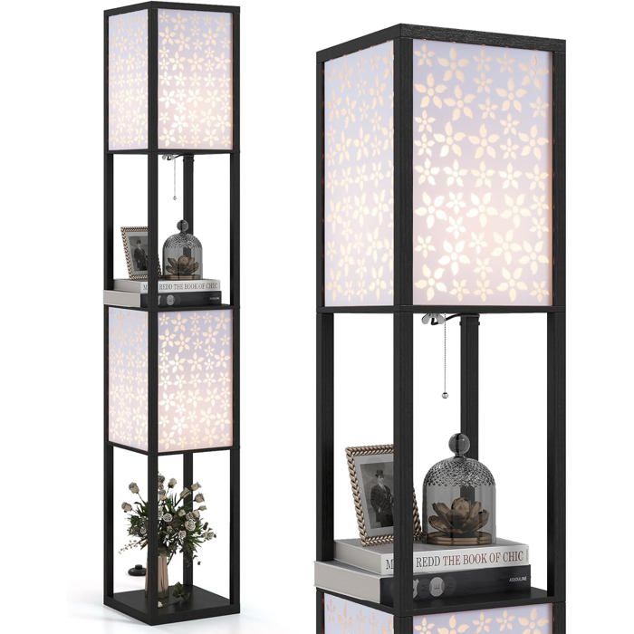 Lampadaire Salon Sur Pied 2 Étagères de Stockage en Bois COSTWAY-2 Abat-jours-E27 sans Ampoule-Double Interrupteur-Motif Floral